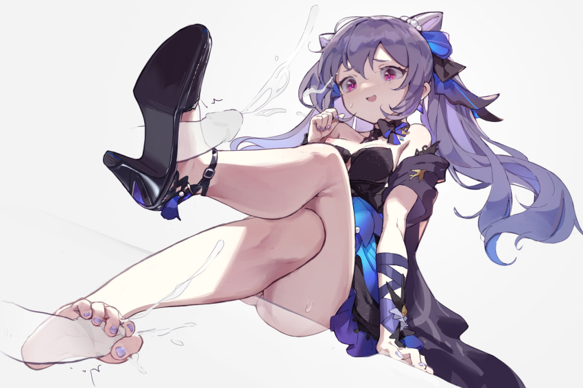 alternate_costume arm_support bangs barefoot black_bow blue_bow blush bow braid breasts crossed_legs cum double_bun ejaculation footjob genshin_impact hair_cones high_heels highres invisible_penis keqing_(genshin_impact) long_hair luelue_zi medium_breasts multiple_penises nail_polish nipples no_legwear penis purple_eyes purple_hair shoejob shoes single_shoe sitting skirt soles solo sweat toenail_polish toenails white_background