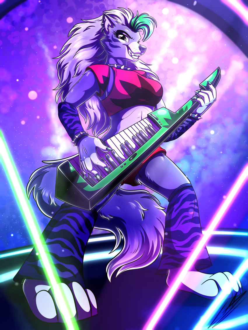 2022 absurd_res anthro bottomwear canid canine canis clothing collar female five_nights_at_freddy's five_nights_at_freddy's:_security_breach hi_res keyboard_instrument keytar lupiarts mammal musical_instrument plantigrade playing roxanne_wolf_(fnaf) scottgames shorts solo spiked_collar spikes stage steel_wool_studios video_games wolf