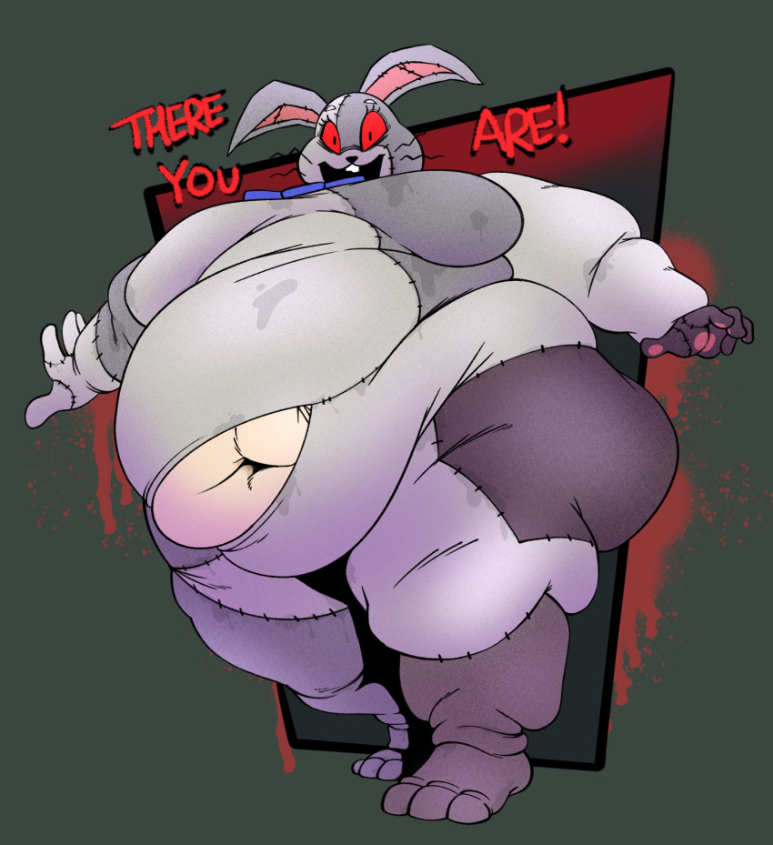 anthro belly big_belly blood bodily_fluids breasts clothing costume dialogue fat_arms female five_nights_at_freddy's hi_res huge_thighs human lagomorph leporid long_ears looking_at_viewer low-angle_view mammal obese obese_female overweight overweight_female rabbit red_sclera scottgames simple_background smokii solo stitch_(sewing) sweat sweat_stain thick_thighs torn_clothing vanny_(fnaf) video_games wide_hips