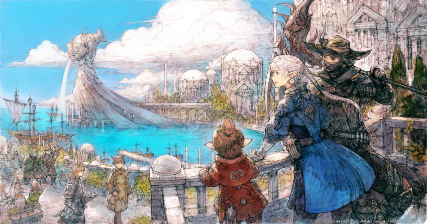 1boy 2others against_railing alphinaud_leveilleur ambiguous_gender antenna_hair architecture artist_name avatar_(ff14) balcony bandolier bangs belt belt_pouch black_coat black_gloves black_headwear blue_coat blue_eyes braid brown_eyes brown_hair building cloud coat covered_mouth dome earrings elezen elf facing_away final_fantasy final_fantasy_xiv from_behind from_side gloves hair_ribbon hat hatching_(texture) highres holding holding_scythe horizon in-universe_location jetty jewelry kenta_tanaka lalafell long_hair mask miqo'te mouth_mask multiple_others ocean official_art official_wallpaper open_mouth outdoors over_shoulder people pier pillar pointy_ears ponytail pouch railing reaper_(final_fantasy) red_coat ribbon scenery scythe sheath sheathed ship short_hair signature single_braid sky standing statue topknot tree viera water watercraft weapon weapon_over_shoulder white_hair