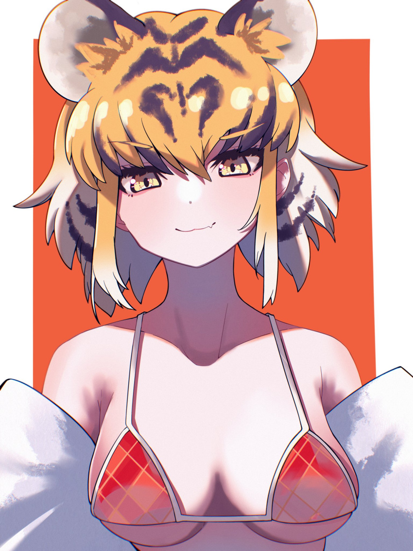 1girl animal_ear_fluff animal_ears black_hair blonde_hair blush chinese_zodiac collarbone commentary_request fang highres kemono_friends light_blush looking_at_viewer red_swimsuit short_hair smile solo swimsuit undressing upper_body uumi_hinata white_hair year_of_the_tiger yellow_eyes