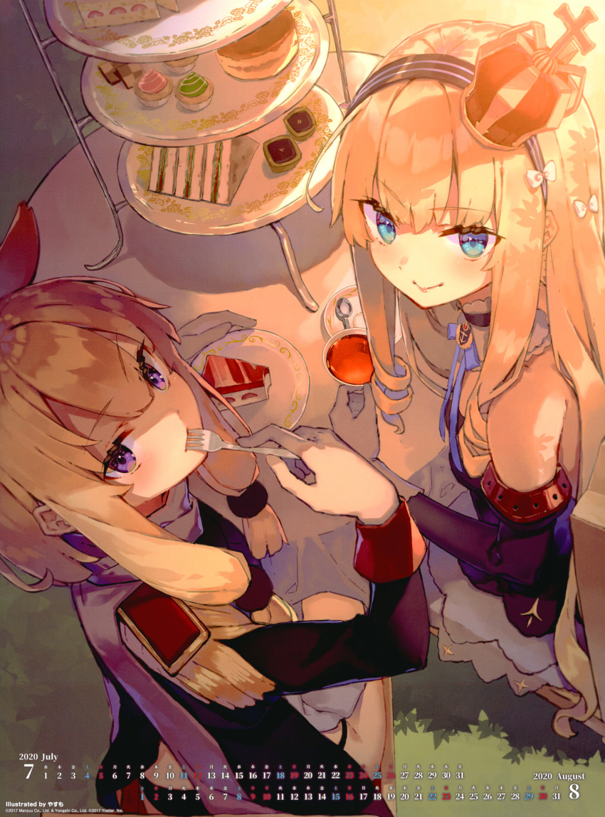 2girls absurdres aqua_eyes artist_name azur_lane bangs bare_shoulders blonde_hair blush cake cake_slice closed_mouth cookie crown cup cupcake epaulettes eyebrows_visible_through_hair food fork gloves hair_ornament hairband highres holding lips long_hair long_sleeves looking_at_viewer looking_back mini_crown multiple_girls pastry purple_eyes queen_elizabeth_(azur_lane) sandwich scan shiny shiny_hair sidelocks simple_background sitting sleeveless smile table teacup tied_hair warspite_(azur_lane) yasumo_(kuusouorbital)