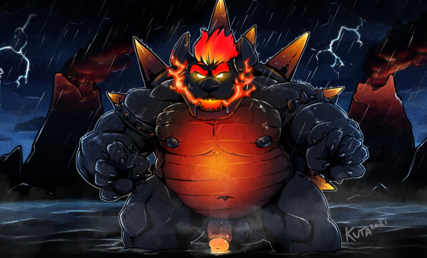 2022 anthro belly black_body bowser bowser's_fury detailed_background fury_bowser hi_res humanoid_hands koopa male mario_bros moobs navel nintendo nipples outcast-stars outside overweight overweight_male raining scalie solo video_games water