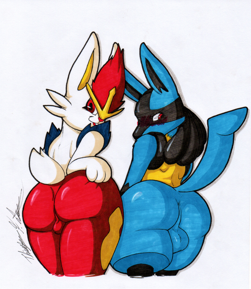 anthro backsack balls big_butt blush butt butt_grab cinderace duo genitals hand_on_butt hi_res lucario male male/male nintendo pok&eacute;mon pok&eacute;mon_(species) presenting presenting_hindquarters rotten_owl shy simple_background video_games