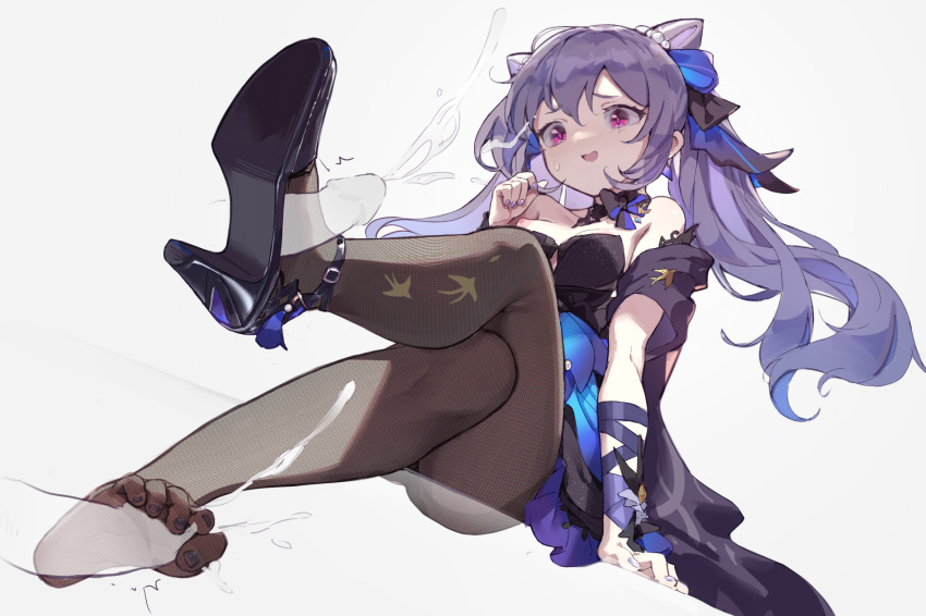 alternate_costume arm_support bangs black_bow black_legwear blue_bow blush bow braid breasts crossed_legs cum double_bun ejaculation footjob genshin_impact hair_cones high_heels highres invisible_penis keqing_(genshin_impact) long_hair luelue_zi medium_breasts multiple_penises nail_polish nipples pantyhose penis purple_eyes purple_hair shoejob shoes single_shoe sitting skirt soles solo sweat toenail_polish toenails white_background