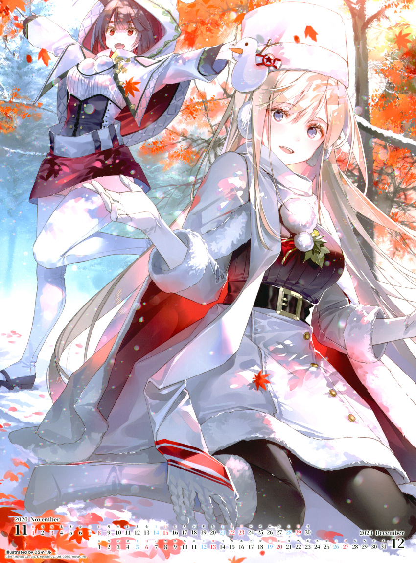 2girls absurdres animal_ears artist_name autumn_leaves azur_lane belt black_hair black_legwear blush boots branch breasts brown_eyes buttons cape capelet character_request day dsmile earmuffs enterprise_(azur_lane) fur_trim gloves hat highres hood leg_up long_hair long_sleeves looking_at_viewer medium_breasts miniskirt multiple_girls outdoors outstretched_arms pantyhose pom_pom_(clothes) purple_eyes scan short_hair silver_hair simple_background sitting skirt snow snowman_hair_ornament spread_arms thigh_boots thighhighs tree wariza white_footwear white_gloves winter_clothes zettai_ryouiki