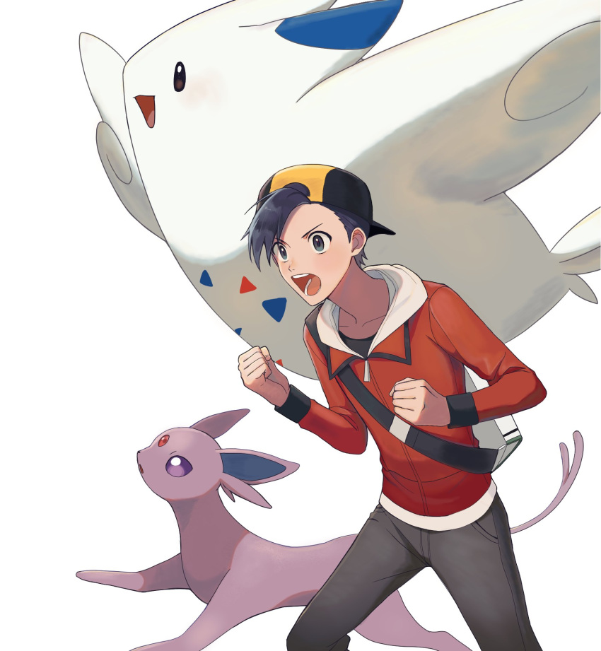 1boy backpack backwards_hat bag bangs baseball_cap black_hair black_shirt blue_eyes clenched_hands commentary_request espeon ethan_(pokemon) forked_tail grey_pants hat highres jacket long_sleeves male_focus open_mouth pants pokemon pokemon_(creature) pokemon_(game) pokemon_hgss red_jacket shirt short_hair silber_1224 simple_background tail teeth togekiss tongue white_background white_bag zipper_pull_tab