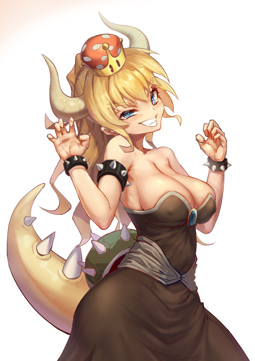 1girl armlet bare_shoulders black_dress blonde_hair blue_eyes bowsette bracelet breasts cleavage dress hei_huo_chong highres horns jewelry large_breasts looking_at_viewer mario_(series) ponytail spiked_armlet spiked_bracelet spikes strapless strapless_dress super_crown super_mario_bros. tail turtle_shell white_background