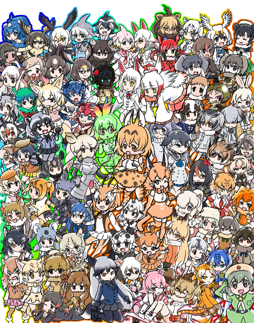 6+girls aardwolf_(kemono_friends) african_elephant_(kemono_friends) african_forest_elephant_(kemono_friends) african_rock_python_(kemono_friends) alpaca_ears alpaca_huacaya_(kemono_friends) alpaca_suri_(kemono_friends) animal_ear_fluff animal_ears animal_print antlers apron arabian_oryx_(kemono_friends) armadillo_ears armor armored_boots armored_dress arms_behind_head atlantic_puffin_(kemono_friends) aye-aye_(kemono_friends) bactrian_camel_(kemono_friends) bald_eagle_(kemono_friends) barbary_lion_(kemono_friends) bearded_seal_(kemono_friends) beige_headwear beige_legwear beige_shirt bell belt belt_buckle bird_girl black_eyes black_footwear black_gloves black_hair black_legwear black_necktie black_rhinoceros_(kemono_friends) black_sailor_collar black_skirt black_wings blonde_hair blowhole blue_bow blue_eyes blue_hair blue_jacket blue_sailor_collar blue_skirt blue_whale_(kemono_friends) blush book boots bow bowtie breast_pocket breasts brown_bear_(kemono_friends) brown_eyes brown_hair brown_necktie brown_scarf buckle caracal_(kemono_friends) caracal_ears cellien_(kemono_friends) cellval chinese_white_dolphin_(kemono_friends) cleavage closed_mouth collared_shirt commentary_request common_bottlenose_dolphin_(kemono_friends) common_dolphin_(kemono_friends) common_raccoon_(kemono_friends) crossed_arms dark-skinned_female dark_skin darwin's_finch_(kemono_friends) dromedary_(kemono_friends) elbow_gloves elephant_ears elephant_girl emu_(kemono_friends) epaulettes eurasian_eagle_owl_(kemono_friends) everyone extra_ears eyebrows_visible_through_hair ezo_red_fox_(kemono_friends) fang feathered_wings fennec_(kemono_friends) fingerless_gloves flower footwear_bow fox_ears fox_tail frown fur_trim gazelle_ears gazelle_horns ghost_in_the_shell giant_armadillo_(kemono_friends) giant_panda_(kemono_friends) giant_pangolin_(kemono_friends) glasses gloves glowing glowing_eyes golden_lion_tamarin_(kemono_friends) golden_snub-nosed_monkey_(kemono_friends) golden_tabby_tiger_(kemono_friends) green_bow green_eyes green_hair grey_gloves grey_hair grey_legwear grey_shirt grey_wolf_(kemono_friends) guanaco_(kemono_friends) hair_between_eyes hair_bow hair_flower hair_ornament hair_over_one_eye hair_tie hand_on_own_chin hands_in_pockets hat hat_ornament head_wings heterochromia high_heels highres hippopotamus_(kemono_friends) hippopotamus_ears holding holding_book holding_stick hood hoodie horns indri_(kemono_friends) italian_wolf_(kemono_friends) jacket japanese_crested_ibis_(kemono_friends) japanese_giant_salamander_(kemono_friends) japanese_otter_(kemono_friends) japanese_wolf_(kemono_friends) jinmen-gyo_(kemono_friends) kemono_friends keroro keroro_gunsou kneeling koala_(kemono_friends) kyuubi_(kemono_friends) light_brown_hair lion_(kemono_friends) lion_ears lion_tail lying maltese_tiger_(kemono_friends) margay_(kemono_friends) margay_print mexico_salamander_(kemono_friends) military military_uniform monkey_girl moose_(kemono_friends) moose_ears moose_girl mountain_hare_(kemono_friends) multicolored_hair multiple_girls narwhal_(kemono_friends) necktie north_island_brown_kiwi_(kemono_friends) northern_goshawk_(kemono_friends) northern_white-faced_owl_(kemono_friends) oinari-sama_(kemono_friends) okinawa_habu_(kemono_friends) okinawa_rail_(kemono_friends) on_stomach one_eye_closed open_mouth orange_bow orange_bowtie orange_eyes orange_hair orange_jacket orange_legwear orange_shirt orange_skirt otter_ears otter_girl panda_ears panda_girl pangolin_ears panther_tail partially_translated peach_panther_(kemono_friends) peafowl_(kemono_friends) peregrine_falcon_(kemono_friends) pink_footwear pink_hair pink_vest plaid_necktie pleated_skirt pocket print_bow print_bowtie print_gloves print_legwear print_skirt purple_eyes rabbit_ears rabbit_girl raccoon_ears raccoon_tail red_eyes red_flower red_hair red_jacket red_legwear red_necktie resplendent_quetzal_(kemono_friends) rhinoceros_ears rhinoceros_girl ribbed_sweater sailor_collar salute sand_cat_(kemono_friends) sand_cat_print scarf scarlet_ibis_(kemono_friends) serval_(kemono_friends) serval_print sheep_(kemono_friends) sheep_ears sheep_girl sheep_horns shiisaa_lefty shiisaa_right shirt shoebill_(kemono_friends) sika_deer_(kemono_friends) silky_anteater_(kemono_friends) silver_fox_(kemono_friends) simple_background siraitokiko skirt smile spotted_skirt star_(symbol) star_hat_ornament stick striped_tail sweater sweater_vest tachikoma_type-a_(kemono_friends) tail tail_bow tail_ornament tanuki_(kemono_friends) thighhighs thomson's_gazelle_(kemono_friends) tiger_(kemono_friends) tiger_ears tiger_tail tongue tongue_out translation_request tsuchinoko_(kemono_friends) tundra_swan_(kemono_friends) turtleneck turtleneck_sweater twintails uniform vest white_apron white_background white_bow white_footwear white_hair white_headwear white_rhinoceros_(kemono_friends) white_shirt white_skirt white_sweater white_tiger_(kemono_friends) wings wolf_ears wolf_girl yellow_eyes yellow_skirt