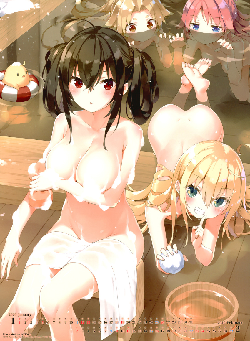 4girls absurdres ahoge animal artist_name ass azur_lane bangs bare_shoulders bird black_hair blonde_hair blue_eyes blush breasts brown_eyes bucket character_request collarbone convenient_censoring eyebrows_visible_through_hair finger_to_mouth fingernails green_eyes hand_up highres holding index_finger_raised kani_biimu large_breasts looking_at_viewer manjuu_(azur_lane) multiple_girls nude parted_lips partially_submerged pink_hair red_eyes scan shiny shiny_hair shiny_skin shushing simple_background sitting smile soap soap_bubbles sponge thighs tied_hair towel water water_drop wet wooden_bucket wooden_floor