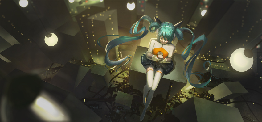 1girl ahoge aqua_hair black_skirt blurry blurry_background bodysuit breasts city closed_eyes commentary depth_of_field eyebrows_visible_through_hair from_above full_body gloves hair_between_eyes hatsune_miku headphones highres holding horns long_hair medium_breasts night no_shoes obon odds_&amp;_ends_(vocaloid) reido_(reido_c) sitting skinny skirt solo thighhighs twintails vocaloid white_gloves white_legwear