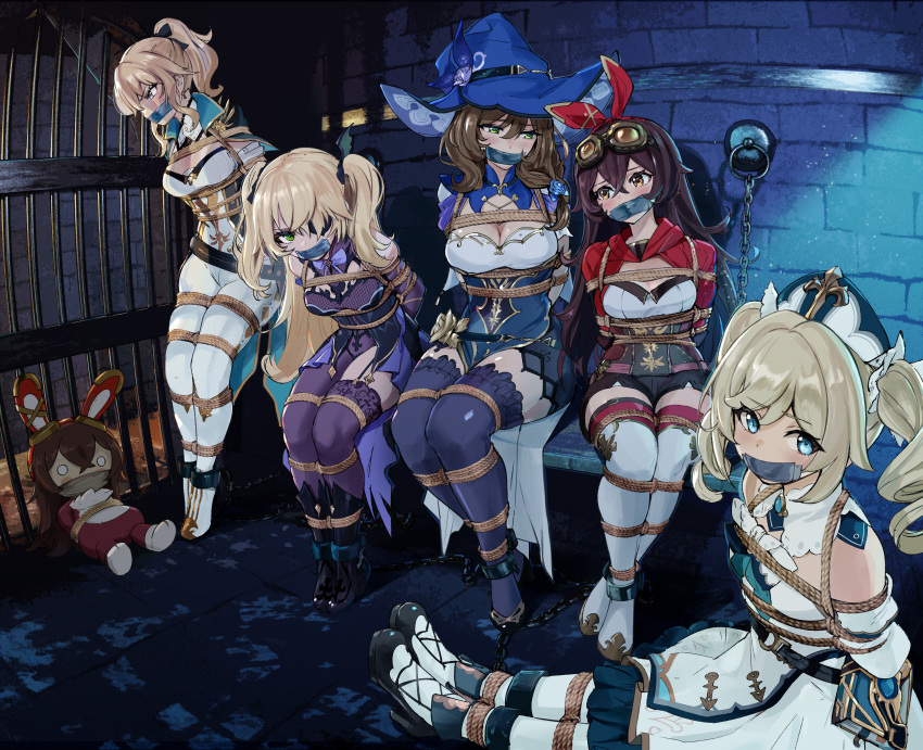 5girls absurdres amber_(genshin_impact) animal_ears barbara_(genshin_impact) baron_bunny_(genshin_impact) bdsm bench blonde_hair blue_eyes blush bondage boots bound breasts chain chained commission dress eyepatch fischl_(genshin_impact) full_body gag genshin_impact green_eyes hair_ribbon hat high_heel_boots high_heels highres improvised_gag jean_(genshin_impact) lisa_(genshin_impact) looking_at_viewer multiple_girls pants pantyhose ponytail prison rabbit_ears restrained ribbon second-party_source sharpffffff sitting tape tape_gag thigh_boots thighhighs twintails white_legwear white_pants witch_hat yellow_eyes