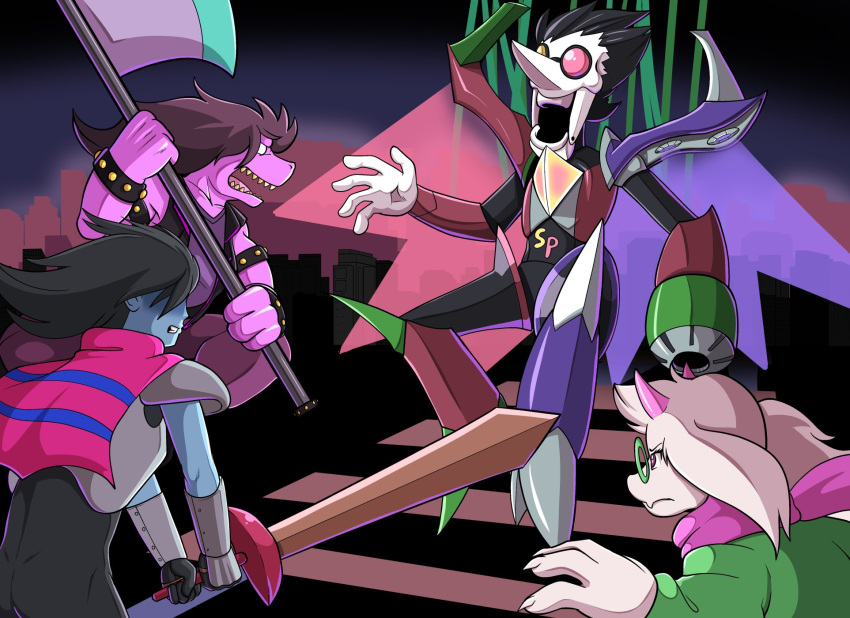 ambiguous_gender anthro armor axe black_hair bovid caprine city cloak clothed clothing darkner deltarune detailed_background eyewear female fight frown fur glasses goat group gun gun_arm hair hi_res holding_object holding_weapon horn human humanoid jumping kris_(deltarune) male mammal melee_weapon open_mouth outside purple_body qriticalquadra1 ralsei ranged_weapon scalie scarf spamton_neo strings studded_bracelet susie_(deltarune) sword train_tracks undertale_(series) video_games weapon white_body white_fur wings