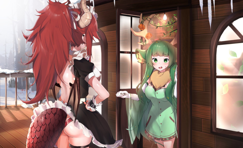 2girls animal_ears antlers ass backless_dress backless_outfit black_dress black_nails blush breasts commission dragon_horns dragon_tail dress elbow_gloves english_commentary eyebrows_visible_through_hair gloves green_dress hands_on_hips haruka_karibu highres horns indie_virtual_youtuber large_breasts maid maid_headdress maru_ccy medium_breasts moose_ears moose_girl multiple_girls second-party_source tail virtual_youtuber vshojo white_gloves wrist_cuffs zentreya_(vtuber)