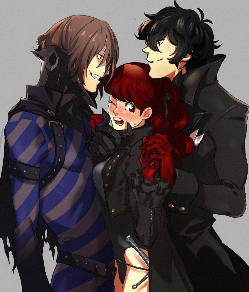 1girl 2boys akechi_gorou amamiya_ren bangs black_eyes black_gloves black_hair blush breasts brown_hair cleavage eyebrows_visible_through_hair gloves hair_ribbon highleg highleg_leotard highres holding_hands kukumomo leotard multiple_boys one_eye_closed open_mouth persona persona_5 persona_5_the_royal ponytail red_eyes red_gloves red_hair ribbon smile sweatdrop teeth tongue yoshizawa_kasumi