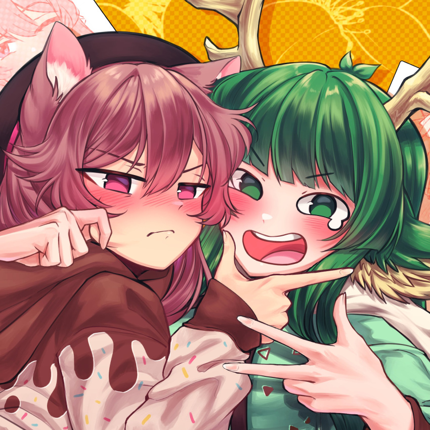 2girls animal_ears antlers blush cat_ears cat_girl commentary crying crying_with_eyes_open english_commentary eyebrows_visible_through_hair green_eyes green_hair hair_between_eyes haruka_karibu hat highres indie_virtual_youtuber long_sleeves looking_at_viewer multiple_girls open_mouth pink_eyes pink_hair shinominya_(vtuber) shinomiya_arts tears teeth tongue v