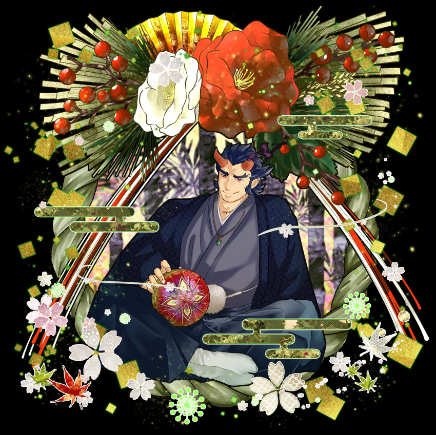 1boy absurdres ball bara broken_horn cherry_blossoms commentary dark_blue_hair demon_boy demon_horns egasumi facial_hair fang fiery_horns flower forked_eyebrows hakama haori haori_himo highres horns japanese_clothes jewelry kidomh63 kimono leaf long_sideburns male_focus maple_leaf mature_male muscular muscular_male necklace pointy_ears red_eyes scar shimekazari short_hair sideburns socks solo stubble tabi takemaru_(housamo) temari_ball thick_eyebrows tokyo_afterschool_summoners