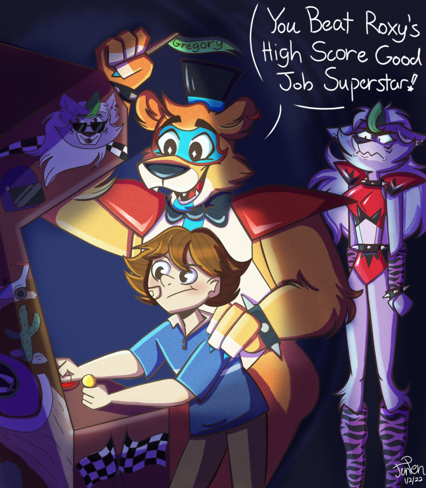 angry animatronic anthro arcade arcade_machine arm_warmers armwear band-aid bandage belt bottomwear bow_tie bracelet brown_body brown_fur brown_hair canid canine canis cheering child clothing collar crop_top dialogue ear_piercing ears_down facial_markings female five_nights_at_freddy's five_nights_at_freddy's:_security_breach flag focused fur gaming glamrock_freddy_(fnaf) glare glaring green_hair gregory_(fnaf) grey_body grey_fur group hair hand_on_shoulder happy hat head_markings headgear headwear hi_res hotpants human jenpen jewelry leg_warmers legwear machine makeup male mammal markings midriff piercing pivoted_ears playing_videogame robot roxanne_wolf_(fnaf) scottgames shirt shorts shoulder_pads signature slim smile speech_bubble spiked_belt spiked_bracelet spiked_collar spikes text top_hat topwear ursid video_games waving_flag wolf young