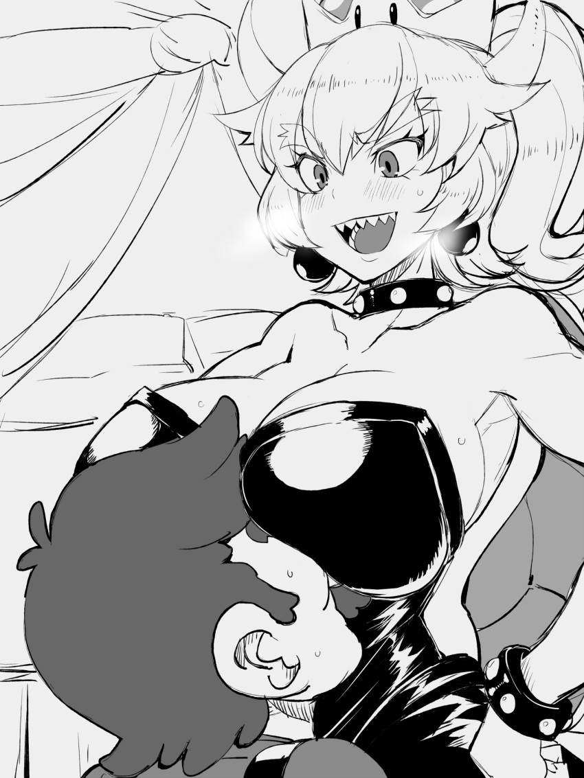 1boy 1girl armlet bangs bare_shoulders blush bowsette bracelet breast_rest breast_smother breasts breasts_on_head breath collar collarbone crown dress earrings eyebrows_visible_through_hair face_to_breasts facial_hair greyscale hair_between_eyes hand_on_hip height_difference high_ponytail highres huge_breasts jewelry long_hair looking_at_another mario mario_(series) monochrome mustache new_super_mario_bros._u_deluxe nuebiimu open_mouth sharp_teeth short_hair sketch smile smother strapless strapless_dress super_crown sweat teeth turtle_shell v-shaped_eyebrows