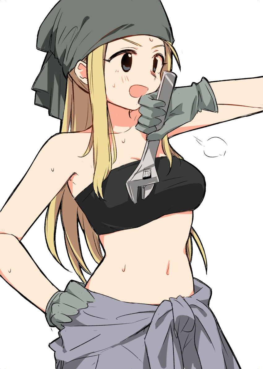 1girl :d adjustable_wrench armpits bandana bandeau bare_shoulders black_bandeau black_eyes blonde_hair blush breasts breath cleavage clothes_around_waist commentary cowboy_shot fullmetal_alchemist gloves grey_bandana grey_gloves grey_overalls hand_on_hip highres holding holding_wrench large_breasts long_hair looking_ahead matsuda_hikari midriff navel open_mouth overalls overalls_rolled_up sidelocks simple_background smile solo strapless sweat tied_sleeves tube_top white_background winry_rockbell wiping_sweat wrench