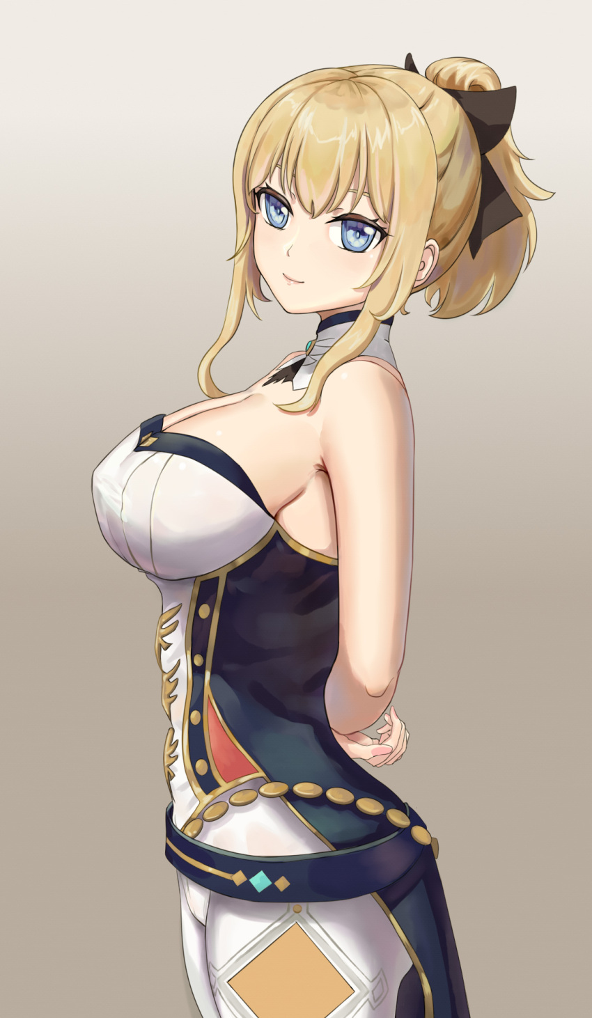 1girl arms_behind_back bangs bare_shoulders belt black_bow blonde_hair blue_belt blue_eyes bow breasts cleavage commentary_request cowboy_shot detached_collar from_side genshin_impact grey_background hair_bow highres jean_(genshin_impact) large_breasts leggings looking_at_viewer medium_hair pants ponytail ruan_weidao shirt short_ponytail sidelocks smile solo standing strapless strapless_shirt white_pants