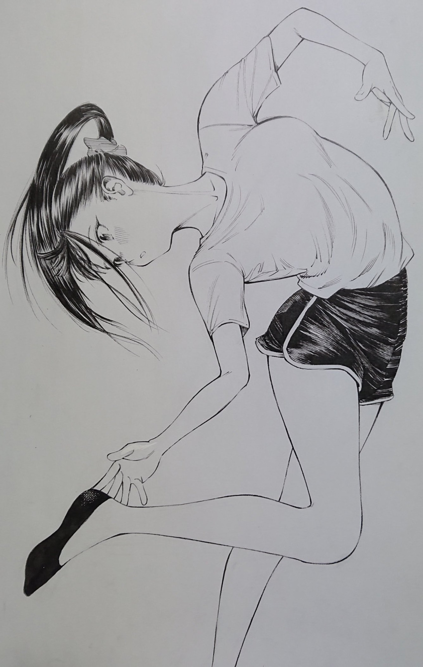 1girl bangs black_footwear black_hair black_shorts blush breasts dolphin_shorts gagaimo greyscale highres leg_up long_hair medium_breasts monochrome original parted_lips ponytail scrunchie shirt shirt_tucked_in short_shorts short_sleeves shorts solo traditional_media