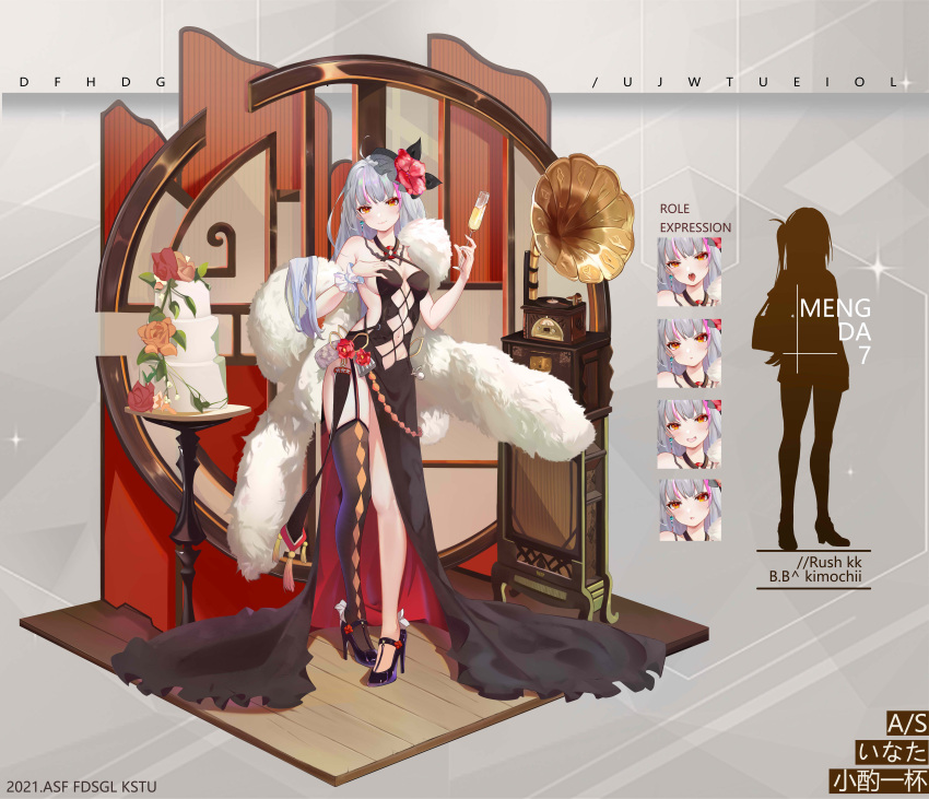 1girl :o absurdres ahoge architecture argyle argyle_cutout asymmetrical_legwear bare_shoulders breasts cake cleavage closed_mouth clothing_cutout commentary_request cup daqi_sama dress earrings east_asian_architecture english_text flower food frilled_cuffs full_body fur_trim garter_straps grey_hair hair_flower hair_ornament hand_on_own_chest high_heels highres holding holding_cup jewelry long_dress long_hair looking_at_viewer multicolored_hair navel navel_cutout off_shoulder open_mouth original phonograph pink_hair rainbow_gradient red_eyes silhouette single_bare_leg single_earring single_garter_strap single_thighhigh smile solo standing streaked_hair thighhighs two-tone_hair uneven_legwear wedding_cake wristband