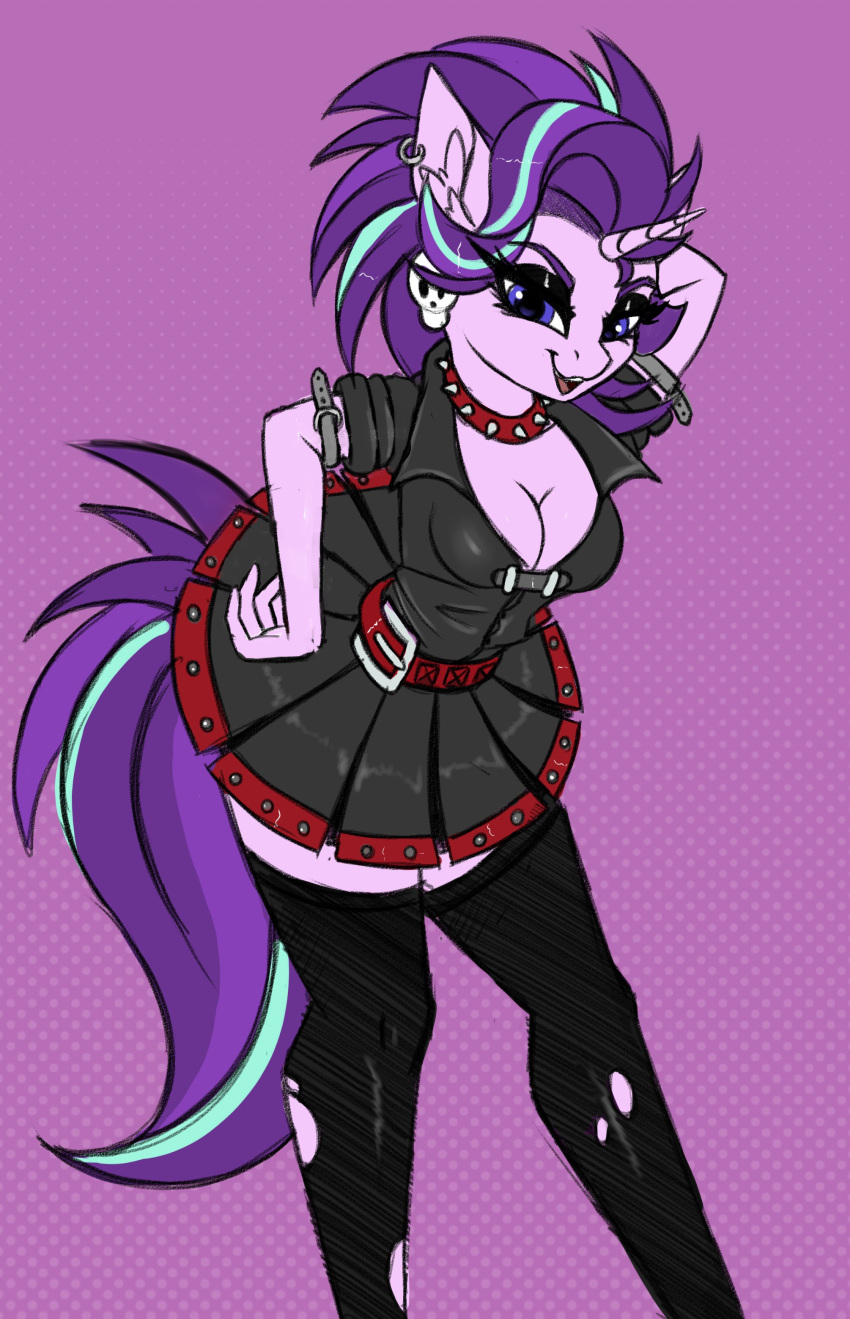 absurd_res anthro belt big_breasts bone bottomwear breasts cleavage clothed clothing collar ear_piercing ear_ring equid equine eyeshadow female friendship_is_magic goth hi_res horn leggings legwear makeup mammal my_little_pony piercing pony-way portrait simple_background skirt skull solo spiked_collar spikes starlight_glimmer_(mlp) three-quarter_portrait unicorn