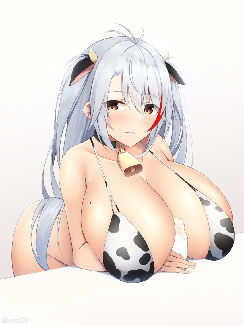 1girl alternate_breast_size animal_ears animal_print azur_lane bell bent_over between_breasts bottle breasts cow_ears cow_girl cow_horns cow_print cowbell eyebrows_visible_through_hair gigantic_breasts grey_hair hair_between_eyes highres horns kokonoe_misui leaning_forward long_hair looking_at_viewer milk_bottle mole mole_on_breast multicolored_hair orange_eyes prinz_eugen_(azur_lane) red_hair simple_background solo spaghetti_strap streaked_hair two-tone_hair very_long_hair white_background