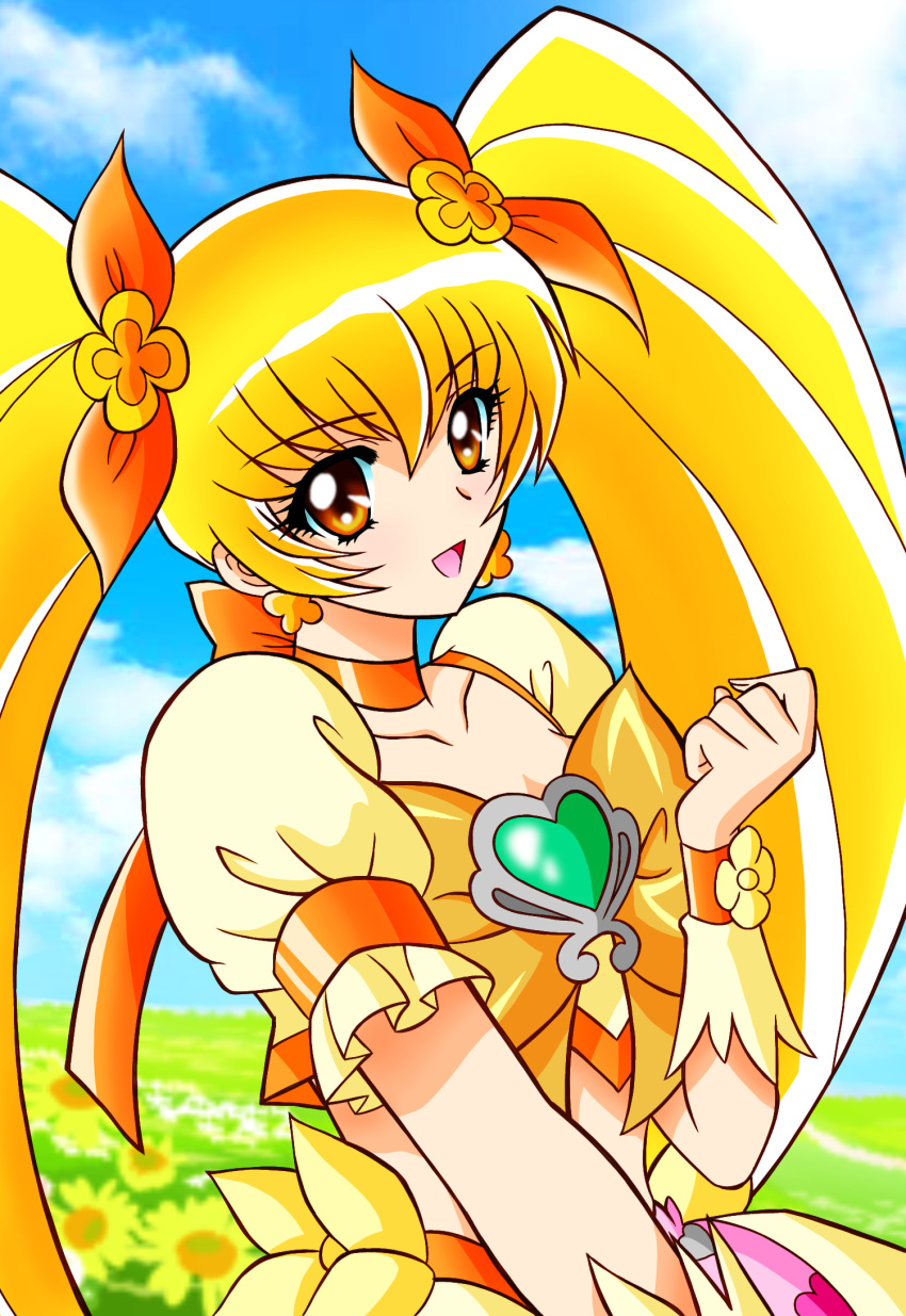 1girl :d blonde_hair bow breasts choker cloud collarbone commentary cure_sunshine earrings eyebrows_visible_through_hair flower flower_earrings gem grass hair_between_eyes hair_ornament heartcatch_precure! highres jewelry magical_girl myoudouin_itsuki nagaigoz open_mouth orange_bow orange_choker orange_eyes outdoors precure puffy_short_sleeves puffy_sleeves road short_hair short_sleeves sky smile solo twintails upper_body wristband