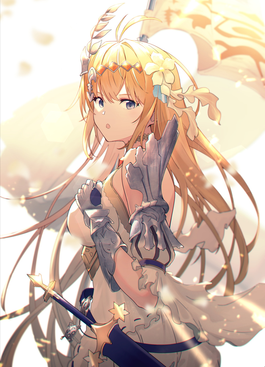 1girl absurdres bare_shoulders blonde_hair blue_eyes choker detached_sleeves feather_hair_ornament feathers flag flower gauntlets granblue_fantasy hair_flower hair_ornament hairband hand_on_own_chest highres jeanne_d'arc_(granblue_fantasy) light_rays long_hair sheath sheathed solo sunbeam sunlight sword watabaacon weapon