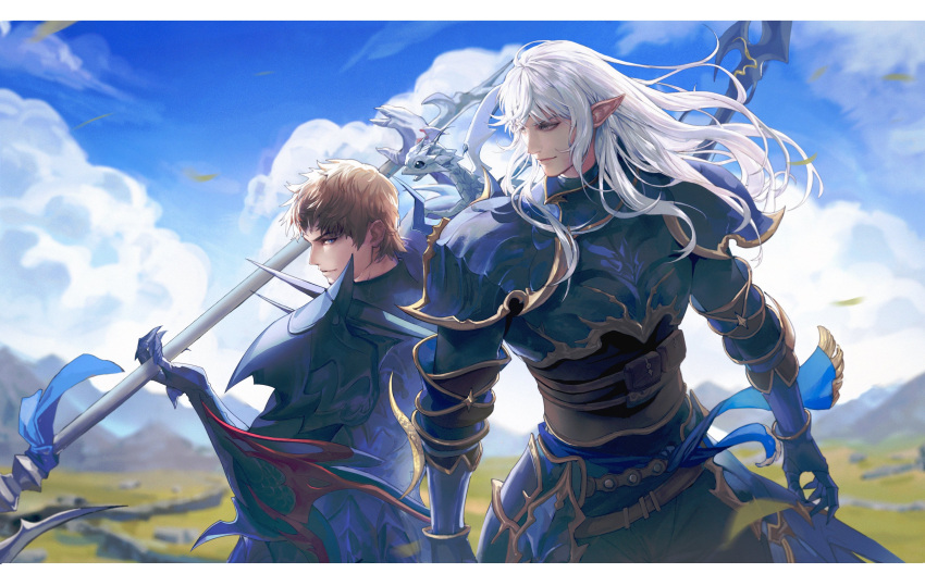 2boys absurdres adventurer_(ff14) armor bangs belt blue_eyes blurry blurry_background breastplate brown_hair cloud depth_of_field dragon dragon_on_shoulder dragoon_(final_fantasy) elezen elf estinien_varlineau eye_contact faulds final_fantasy final_fantasy_xiv gauntlets grey_eyes highres holding holding_polearm holding_weapon hyur lance long_hair looking_at_another male_focus melvinfeat mountainous_horizon multiple_boys pauldrons pointy_ears polearm pouch sash short_hair shoulder_armor sky smile standing upper_body weapon weapon_on_back white_hair