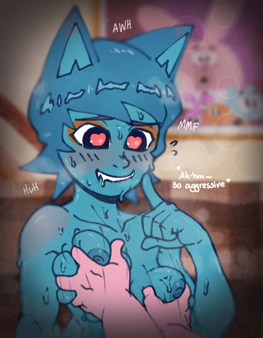 &lt;3 &lt;3_eyes 2021 anthro bite biting_lip biting_own_lip blue_body blue_fur blue_hair blush bodily_fluids breast_grab breast_play breast_squish breasts cartoon_network domestic_cat drooling felid feline felis female fur hair hand_on_breast hi_res looking_pleasured mammal nicole_watterson nipples richard_watterson saliva self_bite skybeatz squish sweat the_amazing_world_of_gumball