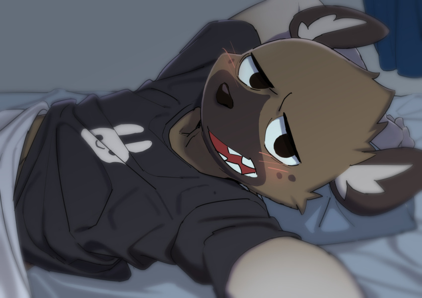 aggressive_retsuko anthro bed blush clothed clothing furniture haida hyaenid konbu_3333 looking_at_viewer male mammal on_bed sanrio shirt solo t-shirt topwear under_covers