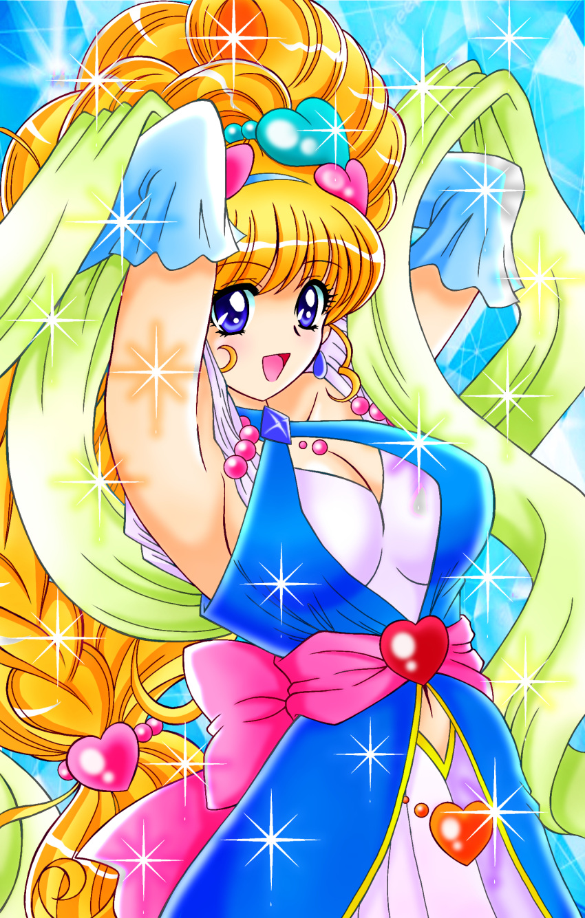 1girl :d arms_behind_head asahina_mirai bangs blonde_hair braid breasts cleavage clothing_cutout cure_miracle dress earrings eyebrows_visible_through_hair gem hair_ornament heart high_ponytail highres jewelry large_breasts looking_afar mahou_girls_precure! nagaigoz navel navel_cutout open_mouth precure purple_eyes sapphire_style sidelocks smile solo sparkle_background