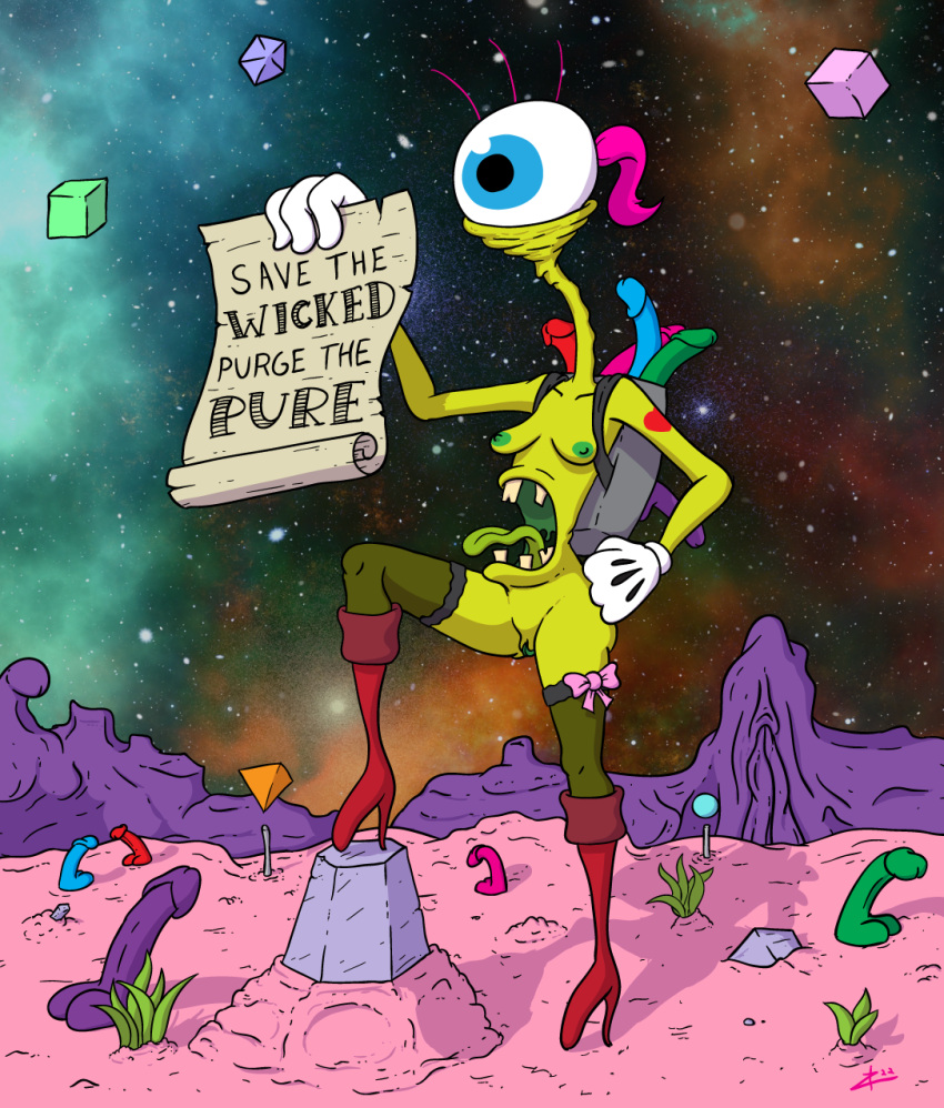 1_eye 2022 4_fingers alien alien_humanoid backpack blue_eyes boots bottomless clothed clothing detailed_background digital_drawing_(artwork) digital_media_(artwork) dildo english_text eyeball female fingers footwear genitals gloves green_body green_nipples green_pussy green_skin green_tongue hair handwear hi_res holding_object holding_paper humanoid knee_boots knee_highs legwear long_neck mountain nipples open_mouth paper photo_background pink_hair ponytail pussy red_boots red_clothing red_footwear sex_toy signature solo standing step_pose stomach_mouth text thigh_highs tongue topless white_clothing white_gloves white_handwear zigmenthotep