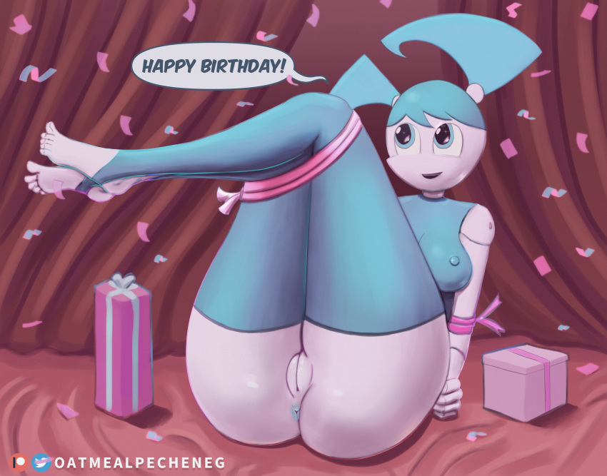 anus big_breasts big_butt blue_body blue_ears blue_eyes bound breasts butt butt_focus confetti curtains english_text feet female foot_fetish genitals happy_birthday hi_res humanoid jenny_wakeman legs_tied legs_up machine my_life_as_a_teenage_robot nickelodeon nipples oatmealpecheneg presenting presenting_legs presenting_pussy pussy robot robot_humanoid sitting smile solo text thick_thighs white_body