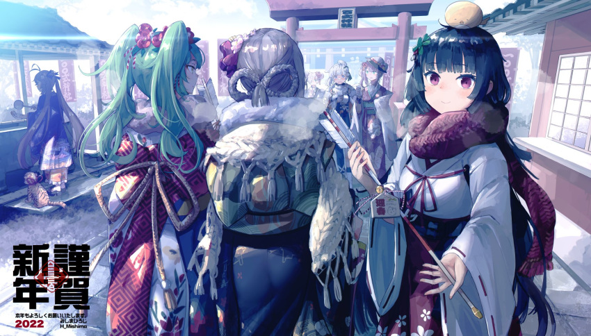 2022 6+girls cat character_request commentary_request girls'_frontline highres japanese_clothes kimono looking_at_viewer m14_(girls'_frontline) m950a_(girls'_frontline) miko mishima_hiroji multiple_girls new_year shrine torii type_100_(girls'_frontline) type_100_(gunslinger_miko)_(girls'_frontline) ump45_(girls'_frontline)