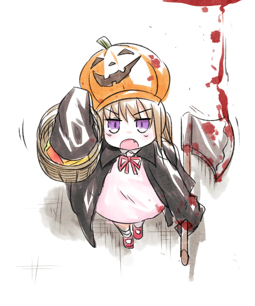 1girl :o arm_up axe bangs basket black_jacket blood blood_on_axe blush_stickers brown_hair collared_dress dress eyebrows_visible_through_hair fang from_above highres holding holding_axe holding_basket jack-o'-lantern jacket kindergarten_uniform long_hair long_sleeves looking_at_viewer neon-tetora open_mouth orange_headwear pink_dress pumpkin_hat purple_eyes red_footwear red_ribbon ribbon shoes sleeves_past_fingers sleeves_past_wrists socks solo tsukuyomi_ai v-shaped_eyebrows voiceroid white_background white_legwear