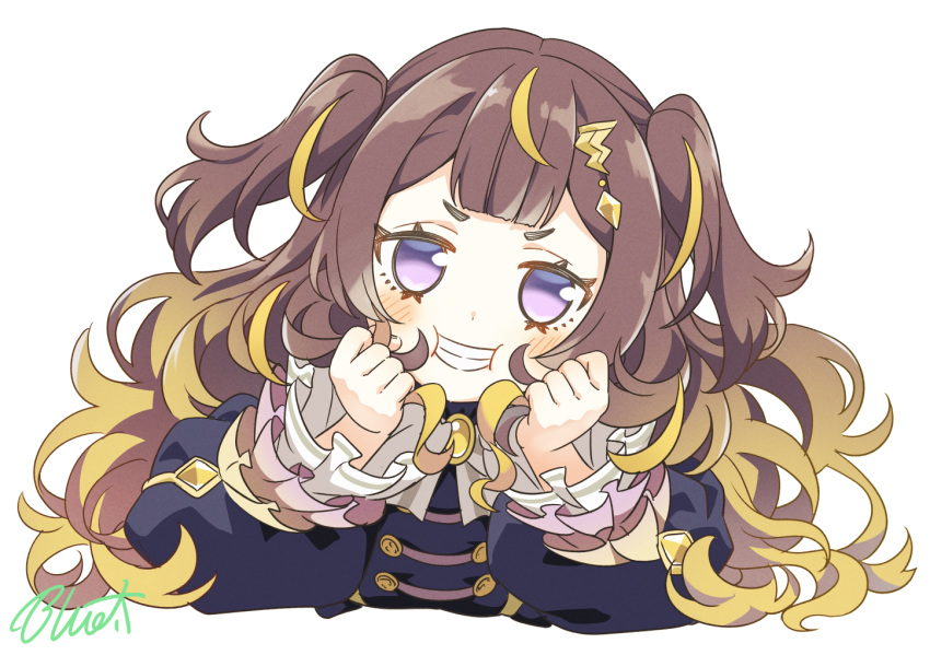 1girl anya_melfissa blonde_hair brown_hair buru-dai commentary_request curly_hair frilled_sleeves frills gradient_hair grin hair_ornament head_rest hololive hololive_indonesia lightning_bolt_hair_ornament lightning_bolt_symbol multicolored_hair short_eyebrows signature smile solo two_side_up upper_body v-shaped_eyebrows virtual_youtuber