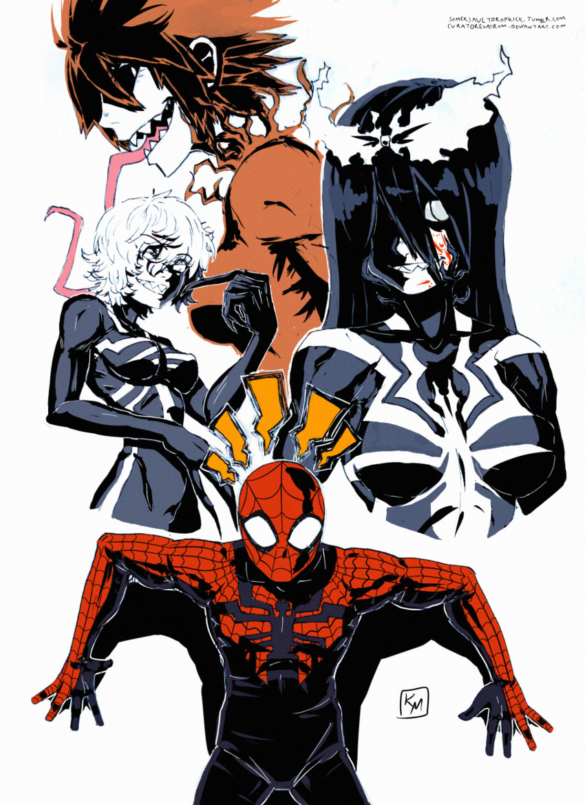 1boy 3girls absurdres artist_name artist_request black_hair black_skin breasts carnage_(marvel) commentary deviantart english_commentary eyebrows_visible_through_hair genderswap genderswap_(mtf) hair_between_eyes hair_ribbon highres humanization long_hair long_tongue looking_at_viewer marvel monster_girl multiple_girls pale_skin personification peter_parker red_hair red_skin ribbon sharp_teeth short_hair simple_background smile smile_face somersaultdropkick spider-man_(series) symbiote symbol teeth tongue tongue_out tumblr venom venom_(marvel) watermark web_address white_background white_hair yandere