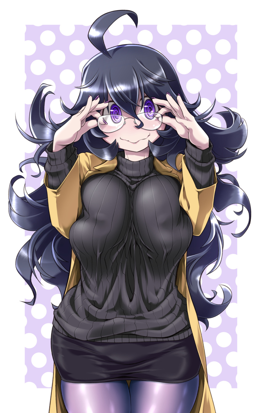 1girl @_@ absurdres ahoge alternate_costume black_dress breasts coke-bottle_glasses dress glasses hairband hex_maniac_(pokemon) highres large_breasts long_hair messy_hair pokemon purple_hairband purple_nails solo takura_mahiro