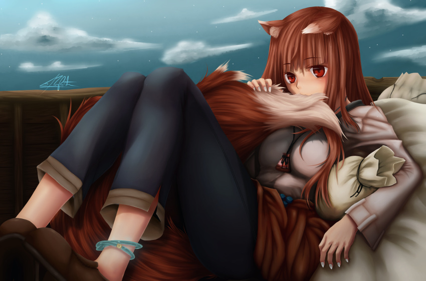 1girl animal_ears breasts brown_hair cloud eyebrows_visible_through_hair highres holo long_hair lying nail_polish pouch red_eyes seraziel signature sky small_breasts solo spice_and_wolf star_(sky) tail tail_in_mouth wagon white_nails wolf_ears wolf_girl wolf_tail