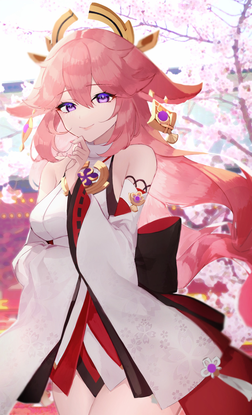 1girl absurdres animal_ears arm_under_breasts bangs bare_shoulders blurry blurry_background blush branch breasts cherry_blossoms commentary_request cowboy_shot detached_sleeves earrings eyebrows_visible_through_hair eyelashes finger_to_mouth floral_print fox_ears genshin_impact hair_between_eyes hair_ornament hand_up headgear highres japanese_clothes jewelry large_breasts lips long_hair looking_down miko obi parted_lips pink_hair pink_nails ponpe_max priestess print_sleeves purple_eyes ribbon-trimmed_sleeves ribbon_trim sash sidelocks smile solo standing tassel turtleneck very_long_hair wide_sleeves yae_(genshin_impact)
