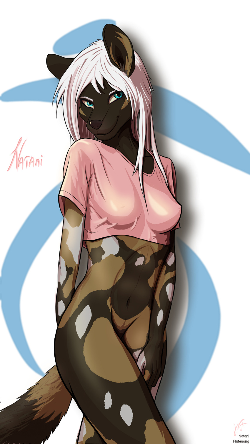 2021 5_fingers african_wild_dog anthro belly blue_eyes breasts brown_body brown_fur canid canine clothed clothing crop_top digital_drawing_(artwork) digital_media_(artwork) digital_painting_(artwork) female fingers fur hair hi_res long_hair looking_at_viewer mammal midriff mostly_nude mostly_nude_anthro mostly_nude_female multicolored_body multicolored_fur natani_flutesong nataniflutesong naughty_face navel nude partially_clothed partially_clothed_anthro partially_clothed_female pink_clothing pinup portrait pose seductive shirt smile snout solo spots spotted_body spotted_fur tan_body tan_fur top_(disambiguation) topwear wet wet_clothing white_body white_fur white_hair