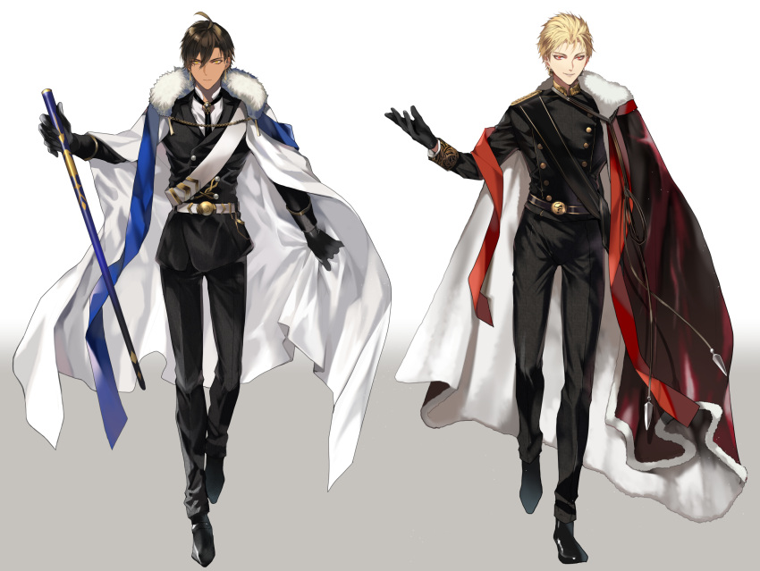 2boys bangs belt belt_buckle black_cape black_clothes black_footwear black_gloves black_jacket black_pants blonde_hair blue_scarf bolo_tie brown_hair buckle buttons cane cape dark_skin double-breasted earrings epaulettes fate/grand_order fate_(series) formal full_body fur-trimmed_cape fur_trim gilgamesh_(fate) gloves highres holding holding_cane jacket jewelry male_focus multiple_boys ozymandias_(fate) pants red_eyes red_scarf sakura_hitsuji scarf shirt shoes shoulder_belt shoulder_sash smile white_belt white_cape white_shirt yellow_eyes