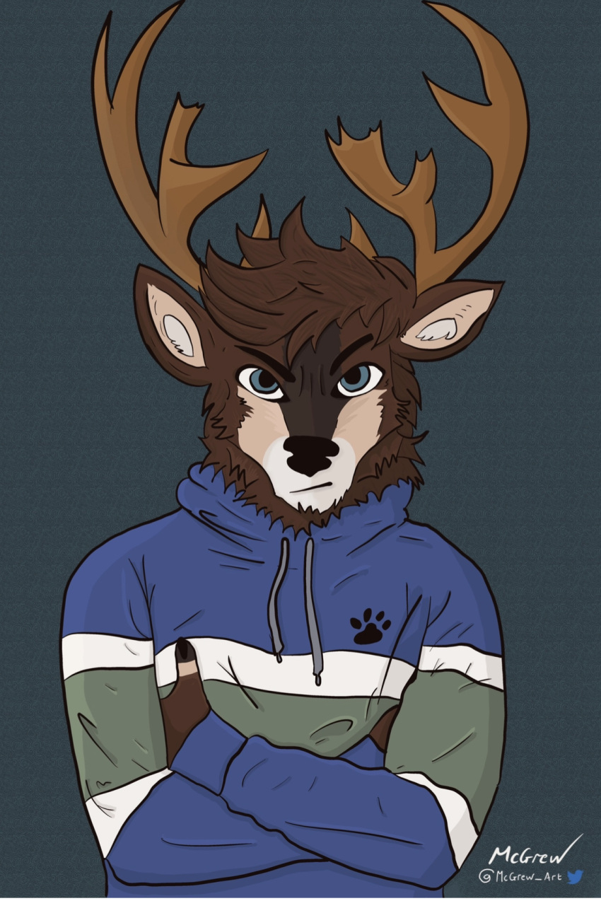 angry anthro antlers cervid cervine clothing crossed_arms elk facing_forward fluffy fluffy_ears hako_frost hi_res horn male mammal mcgrew_art neck_tuft solo sweater topwear tuft