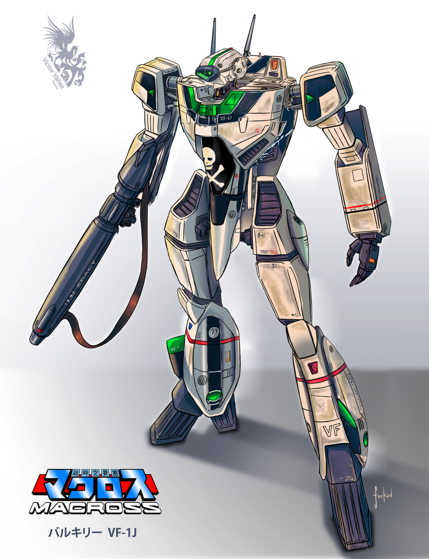 absurdres artist_name character_name choujikuu_yousai_macross commentary english_commentary ferkad grey_background gun gunpod highres holding holding_gun holding_weapon logo looking_ahead machinery macross mecha no_humans open_hand science_fiction signature skull_and_crossbones solo standing u.n._spacy variable_fighter vf-1 vf-1j visor weapon when_you_see_it