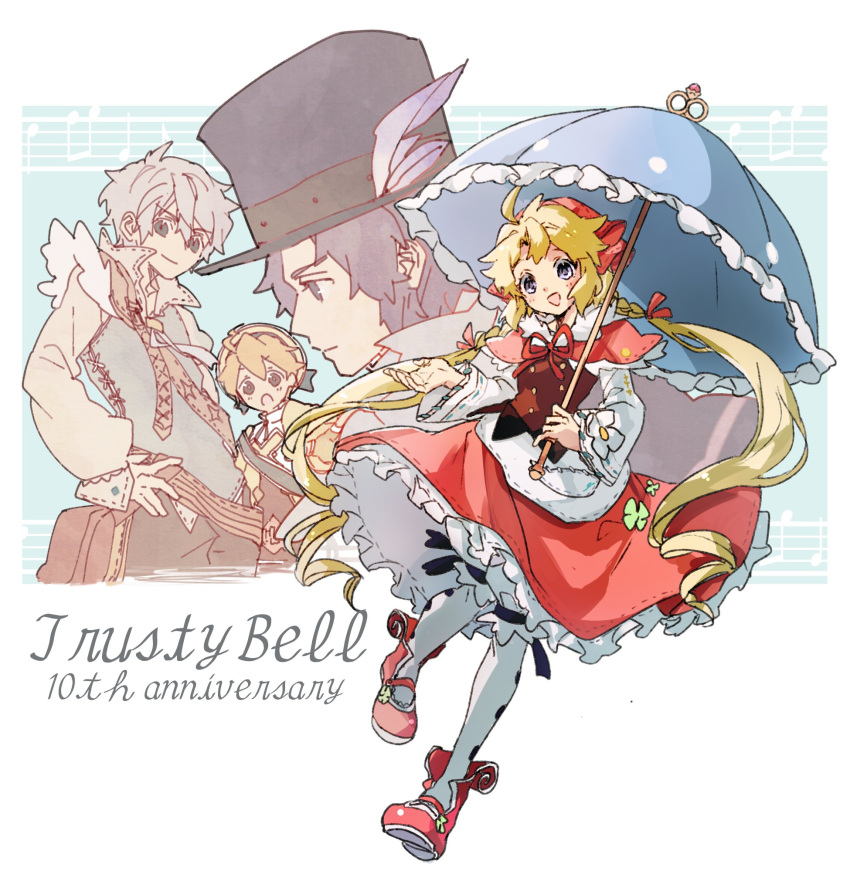 1girl 3boys ahoge allegretto beat_(trusty_bell) blonde_hair blue_eyes closed_mouth dress frederic_chopin hamagurihime hat highres long_hair looking_at_viewer multiple_boys open_mouth polka_(trusty_bell) silver_hair smile top_hat trusty_bell twintails umbrella very_long_hair