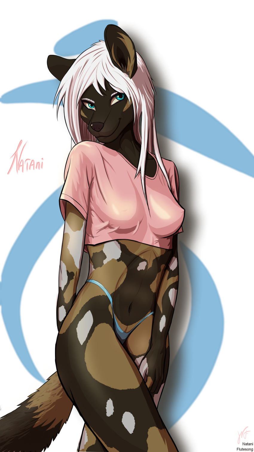 2021 5_fingers african_wild_dog anthro belly blue_clothing blue_eyes blue_panties blue_underwear breasts brown_body brown_fur canid canine clothed clothing crop_top digital_drawing_(artwork) digital_media_(artwork) digital_painting_(artwork) female fingers fur hair hi_res long_hair looking_at_viewer mammal midriff mostly_nude mostly_nude_anthro mostly_nude_female multicolored_body multicolored_fur natani_flutesong nataniflutesong naughty_face navel nude panties partially_clothed partially_clothed_anthro partially_clothed_female pink_clothing pinup portrait pose seductive shirt smile snout solo spots spotted_body spotted_fur tan_body tan_fur top_(disambiguation) topwear underwear wet wet_clothing white_body white_fur white_hair